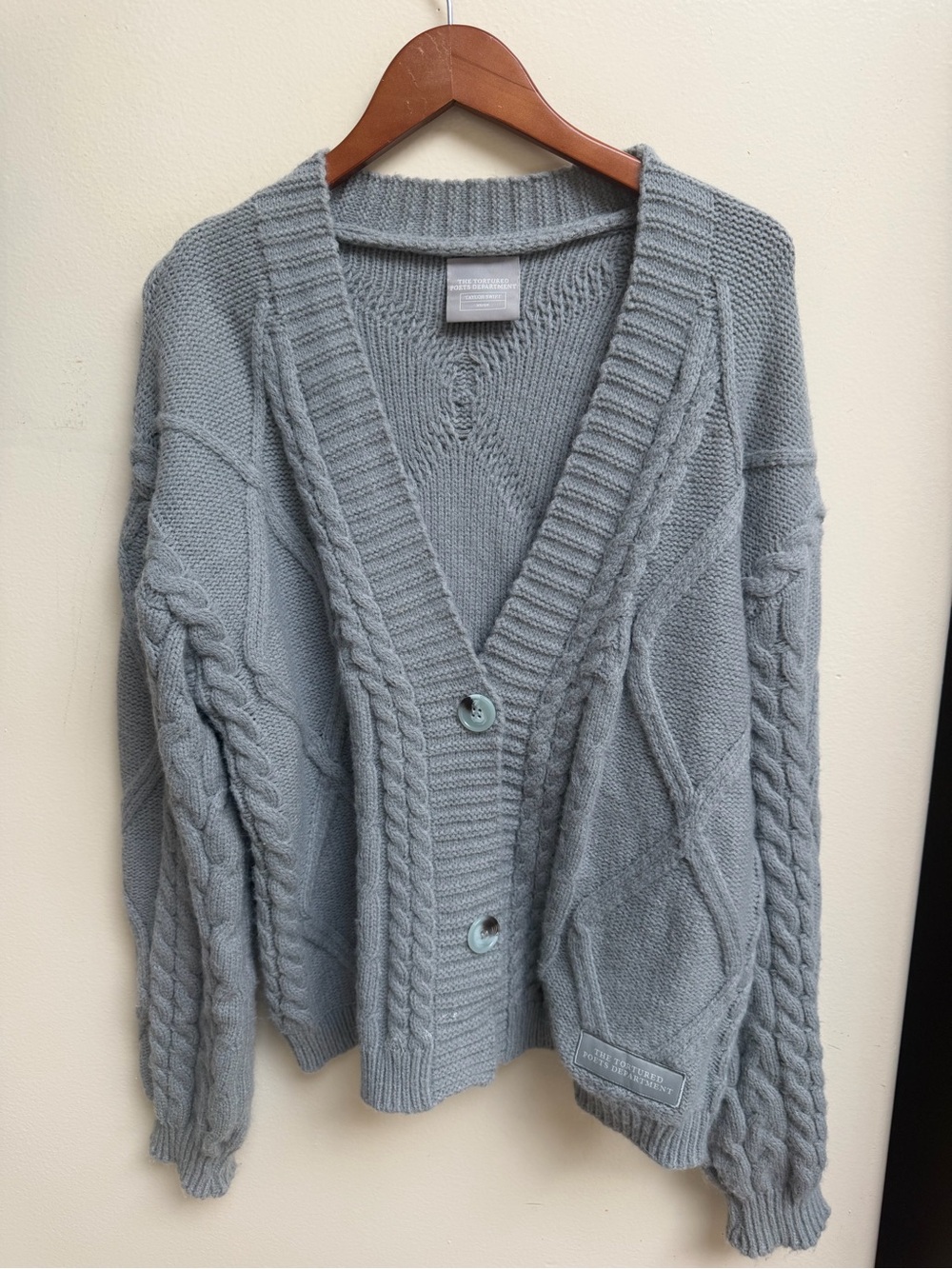 The Tortured Poets Department Cozy Cable Knit Cardigan Sweater - Light Gray